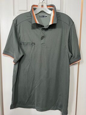Callaway Men M Olive Green Casual Classic Polo Golf Shirt with Orange Trim